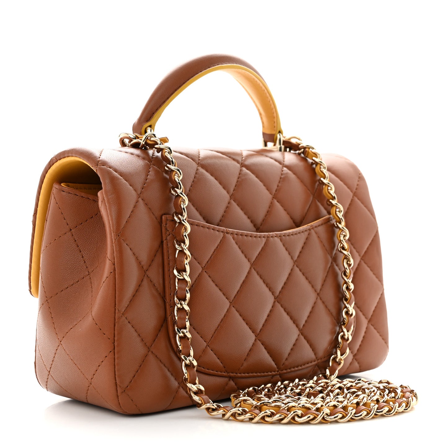 Lambskin Quilted Bi-Color Mini Top Handle Rectangular Flap Light Brown Yellow