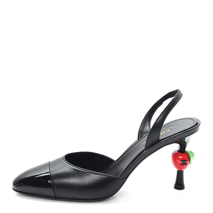 Chanel Lambskin Patent Cap Toe CC Apple Slingback Pumps 38.5 Black 1 of 10