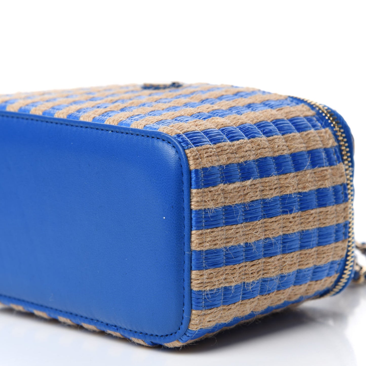 Raffia Jute Striped Small Vanity Case With Chain Blue Beige