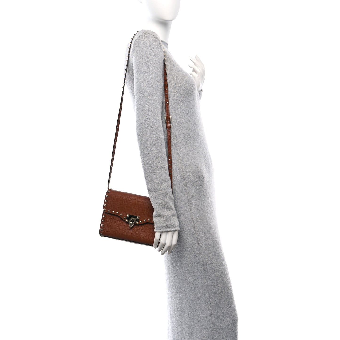 Pebbled Calfskin Medium Rockstud Flip Lock Crossbody Bag Saddle Brown