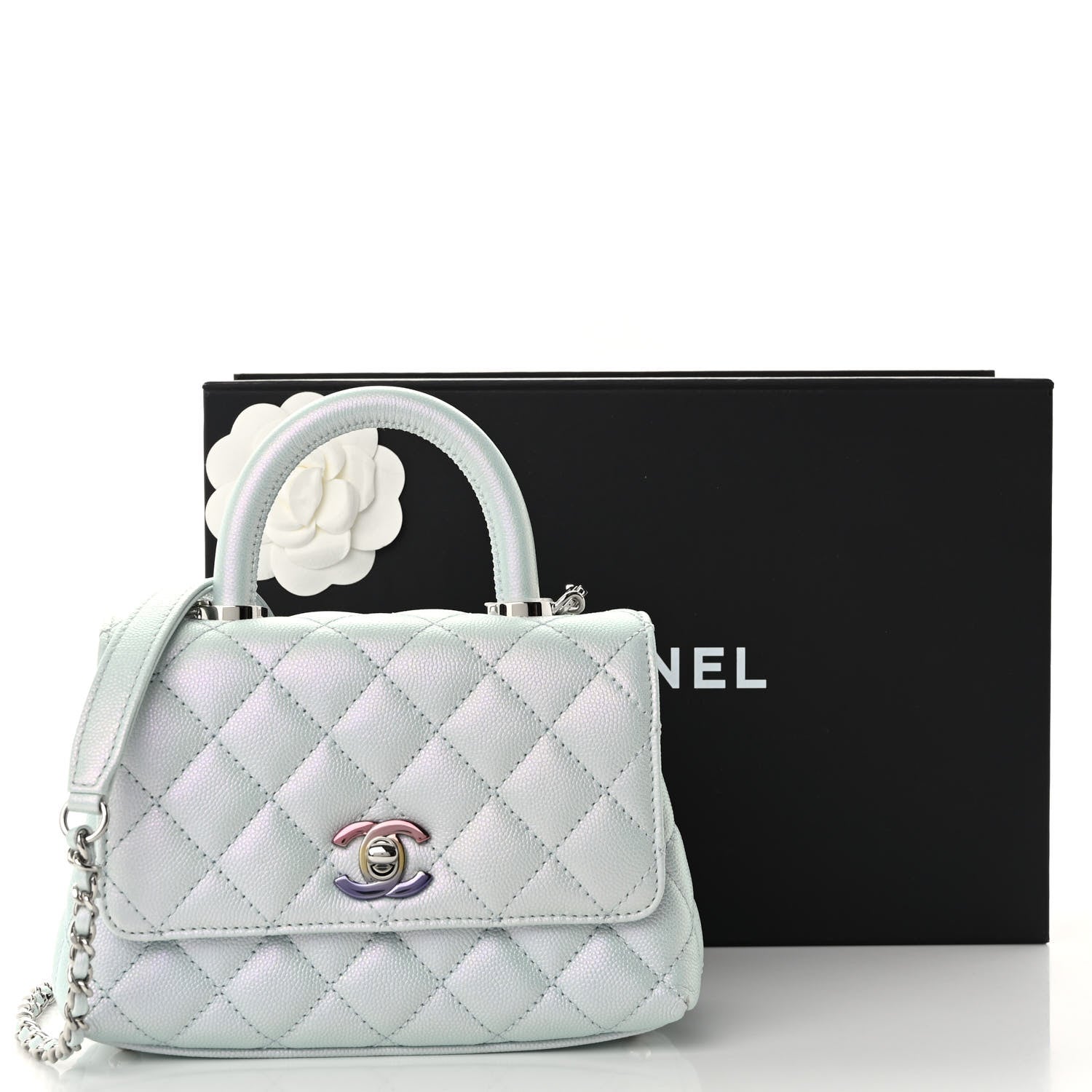 Chanel Iridescent Caviar Quilted Extra Mini Coco Handle Flap Light Blue 11 of 11