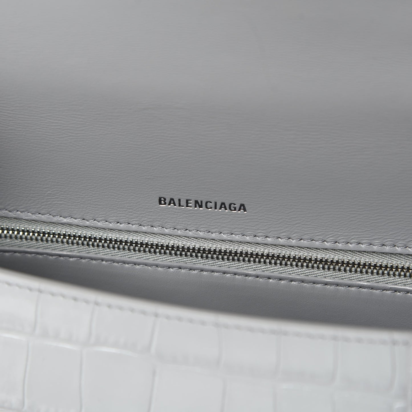 Shiny Calfskin Crocodile Embossed Medium Hourglass Top Handle Bag Balenciaga Grey