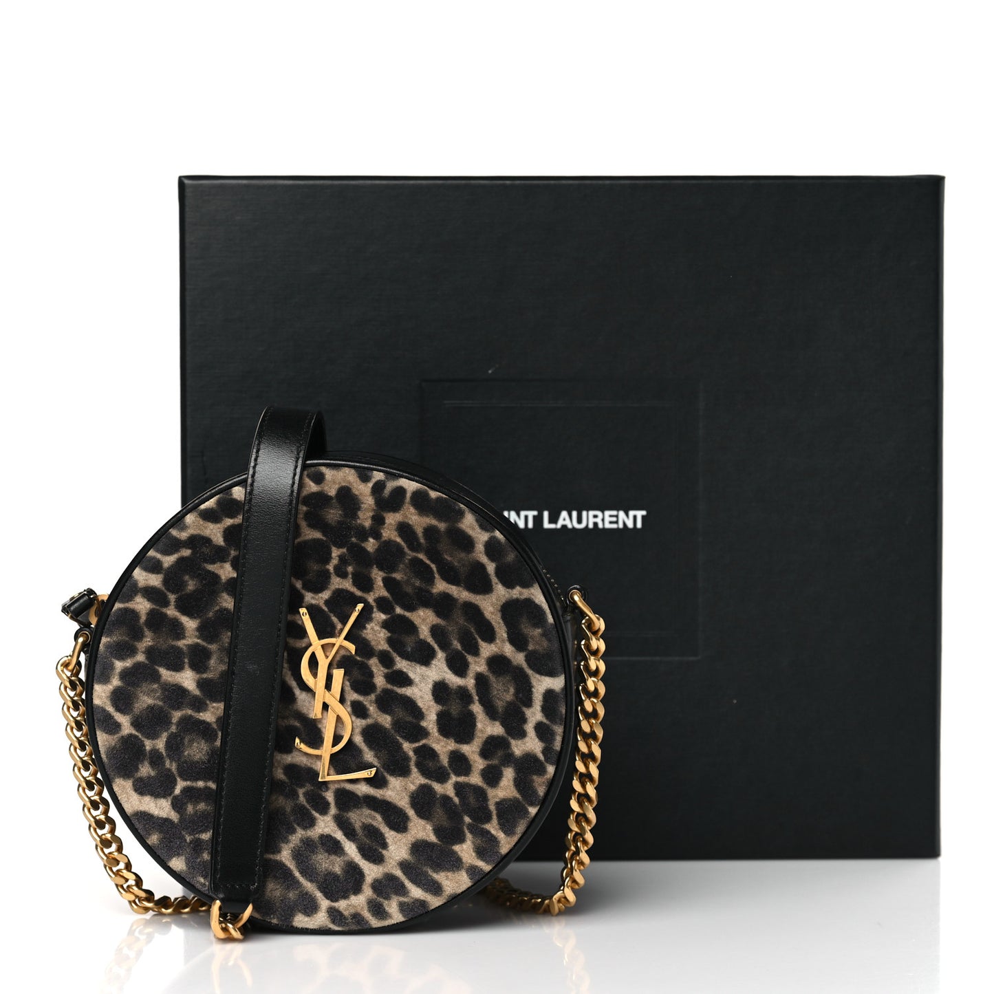 Smooth Calfskin Suede Leopard Print Round Vinyle Camera Bag Black