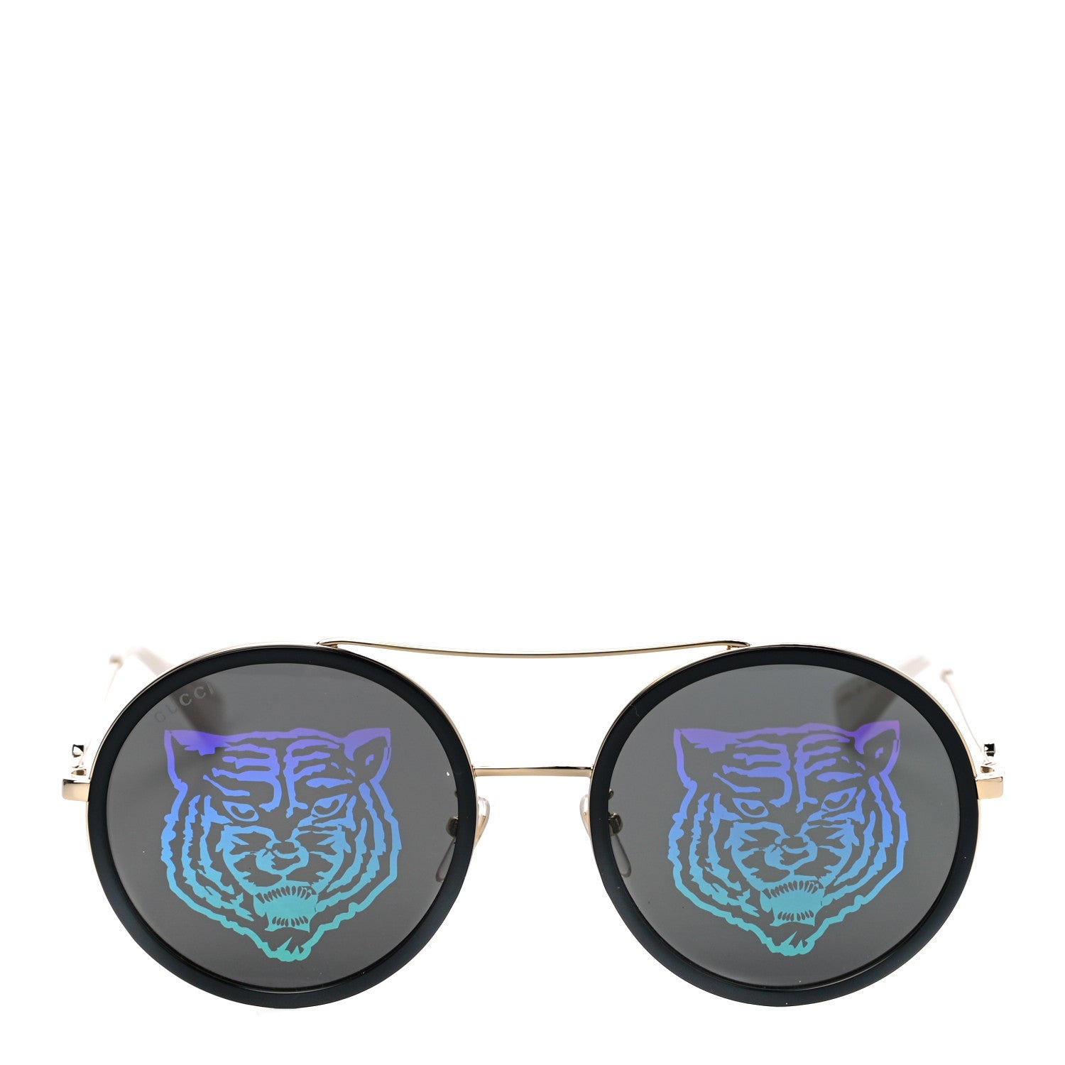 Gucci Metal Round Frame Tiger Print Sunglasses GG0061S Gold 2 of 6