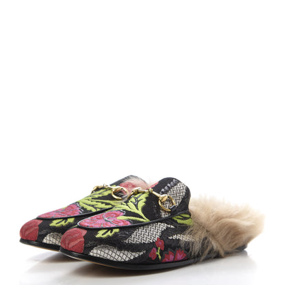 Gucci Brocade Fur Floral Womens Princetown Slippers 35 Black Anthracite 3 of 10