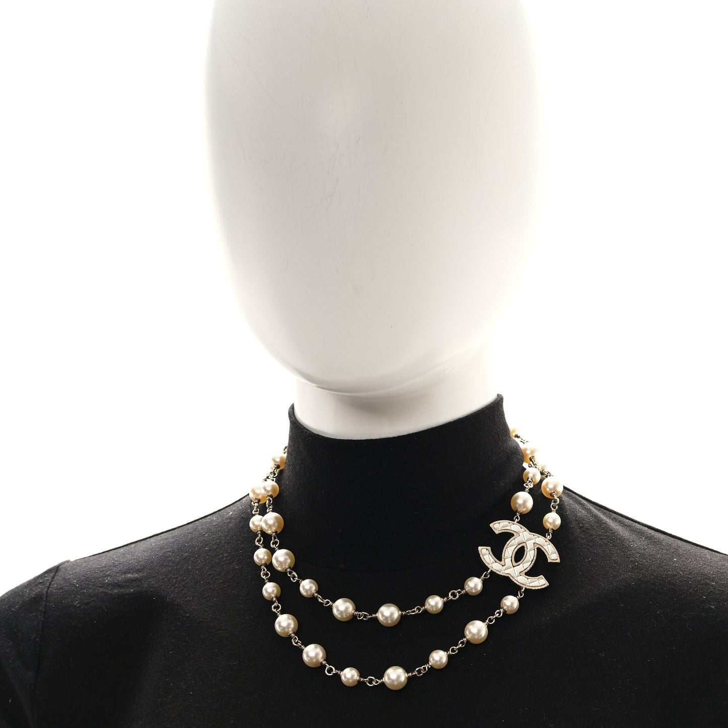 Pearl Quilted CC Long Necklace Light Gold