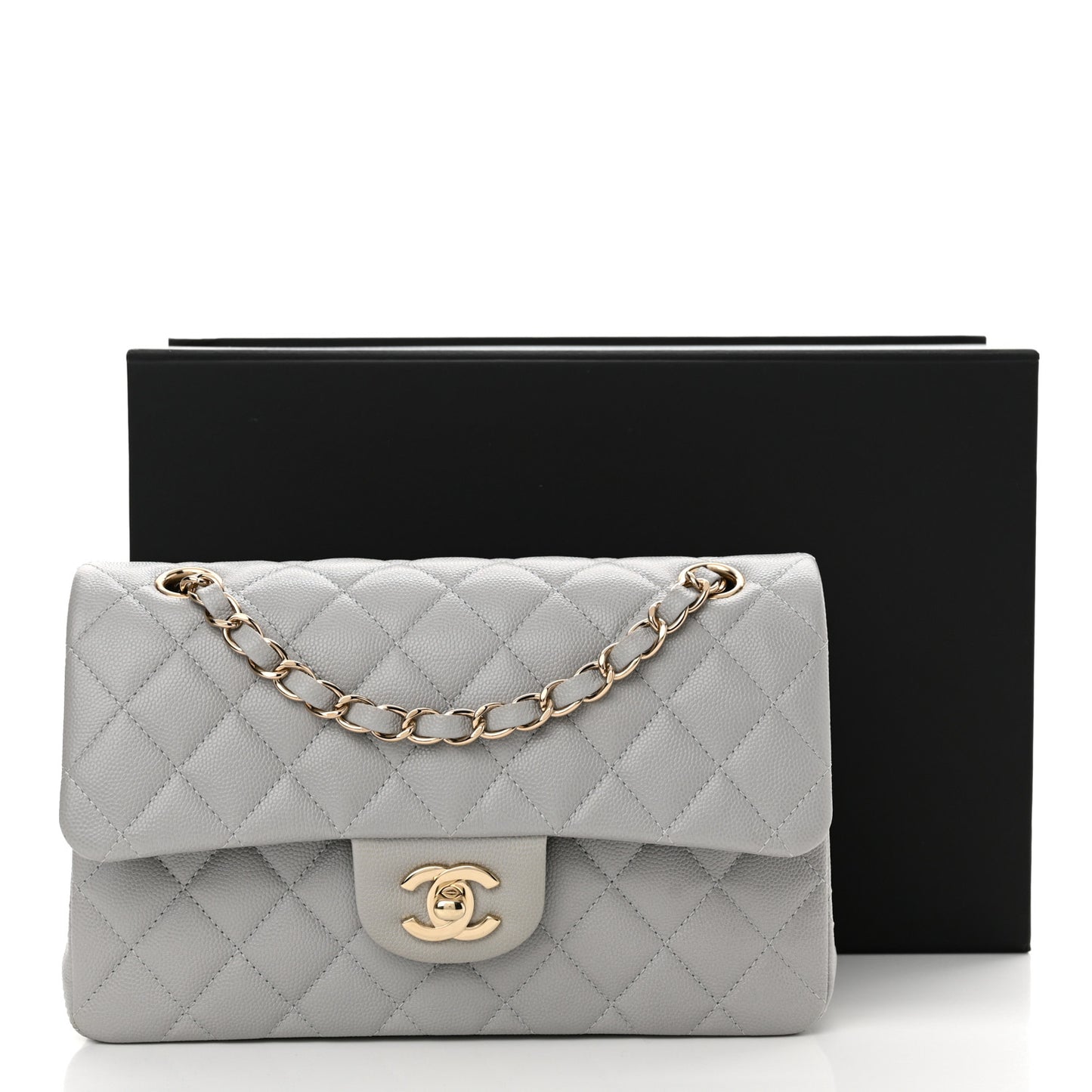 Caviar Quilted Small Double Flap Grey