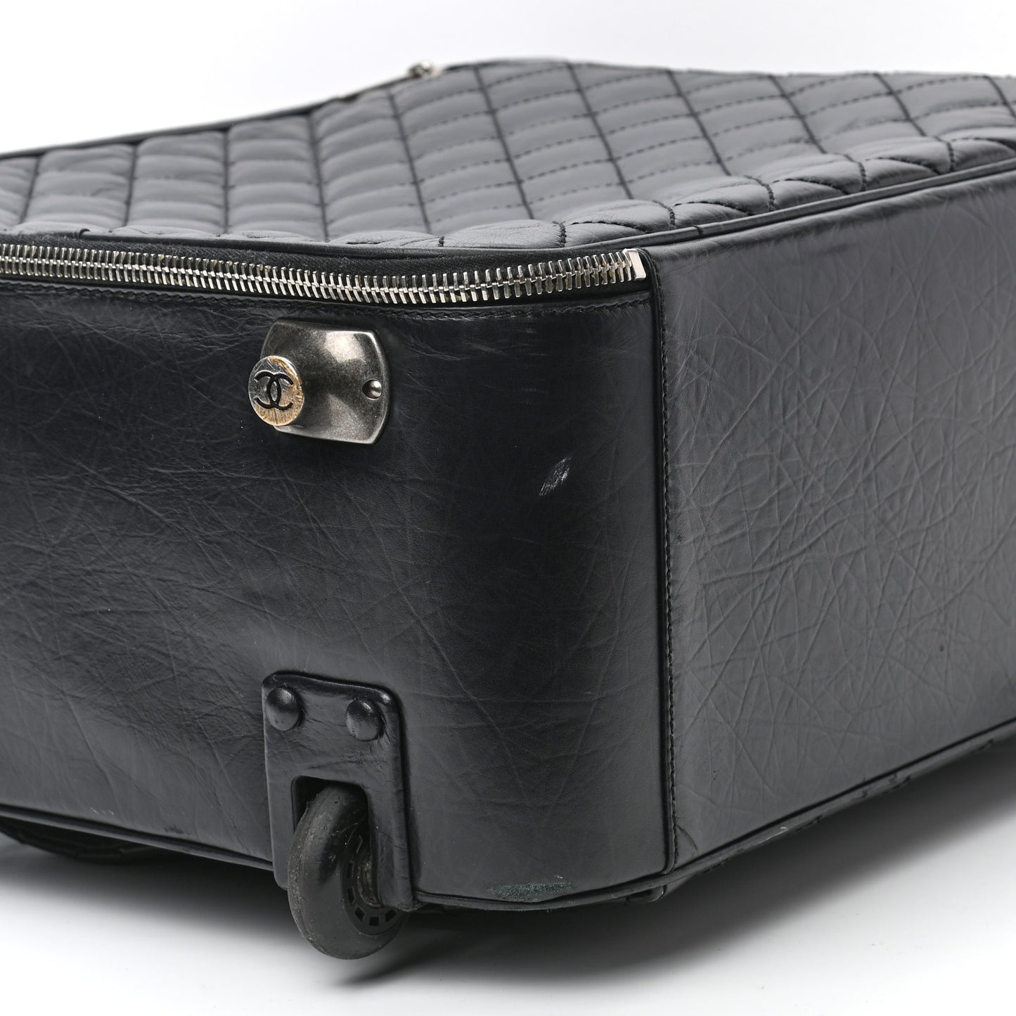 Aged Calfskin Quilted Trolley Rolling Luggage Black