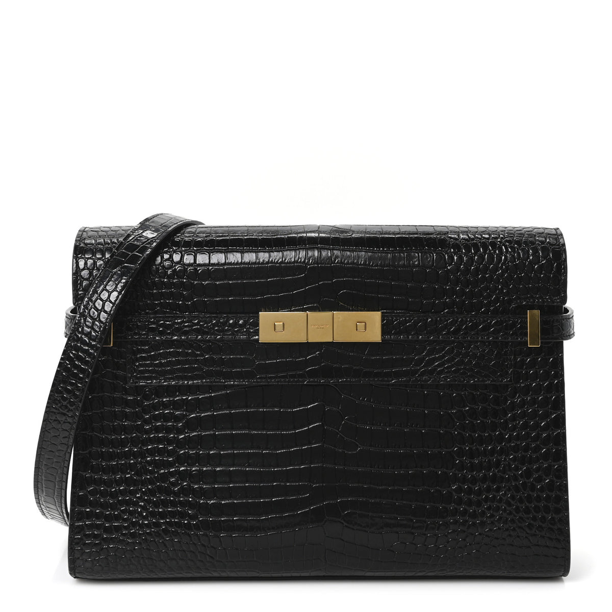 Shiny Calfskin Crocodile Embossed Manhattan Baguette Black