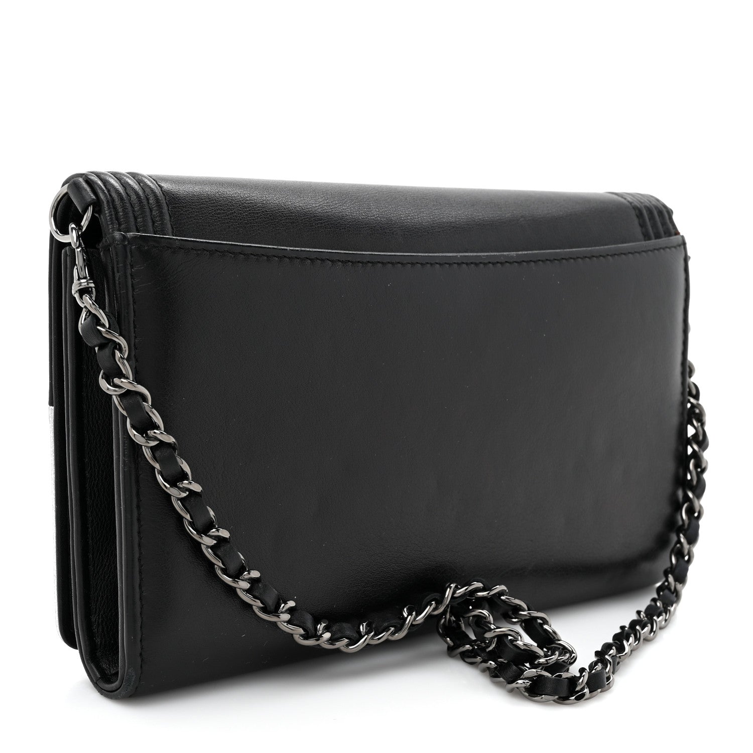 Chanel Metallic Goatskin Boy Wallet On Removable Chain WOC Black Silver 4 of 19