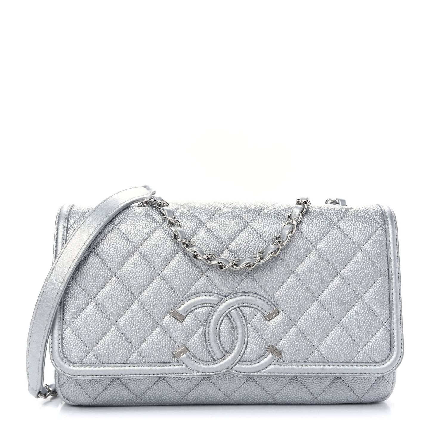Metallic Caviar Quilted Medium CC Filigree Flap Silver