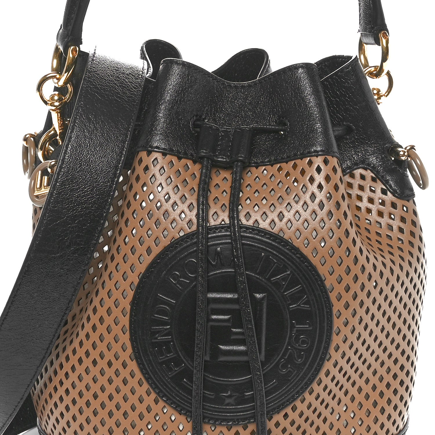 Fendi Vitello Liberty Glossy Lambskin F is Fendi Perforated Small Mon Tresor Bucket Bag Sand Mimosa Black 5 of 10