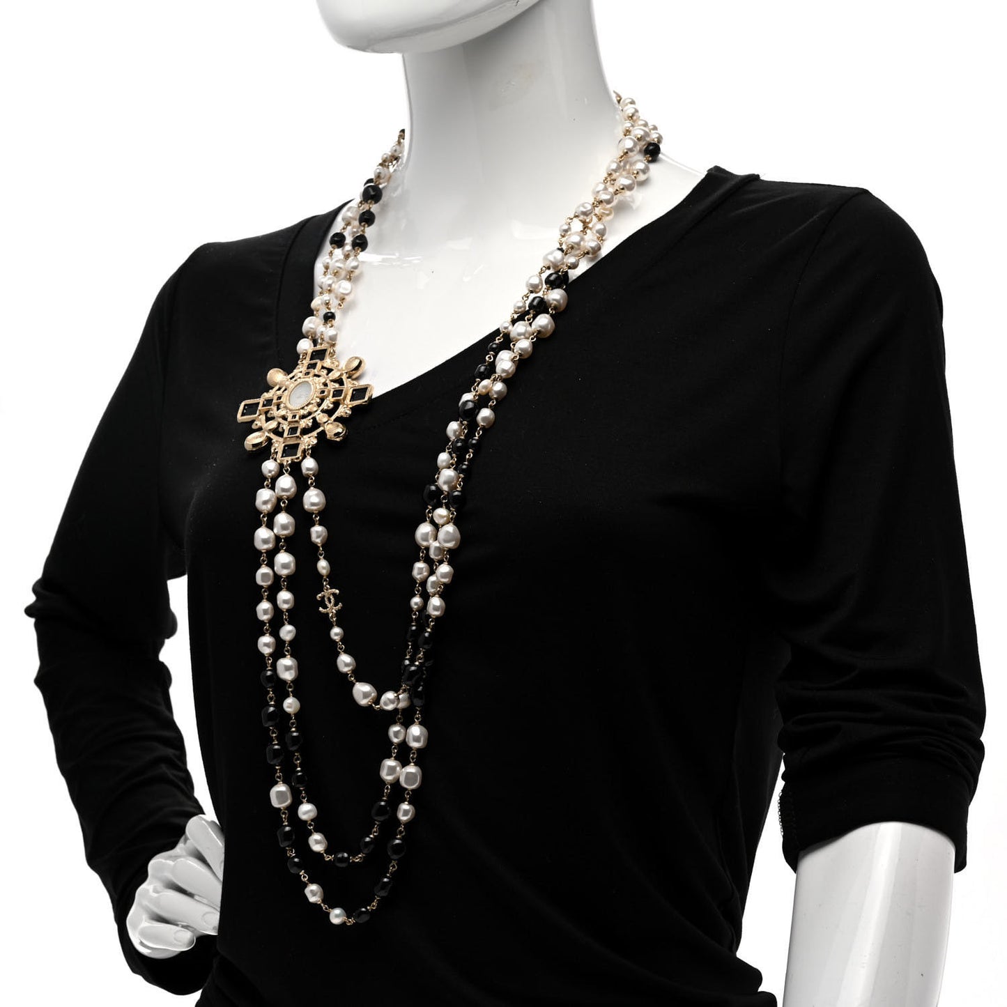 Baguette Crystal Resin Pearl CC Multi Strand Necklace Black Gold