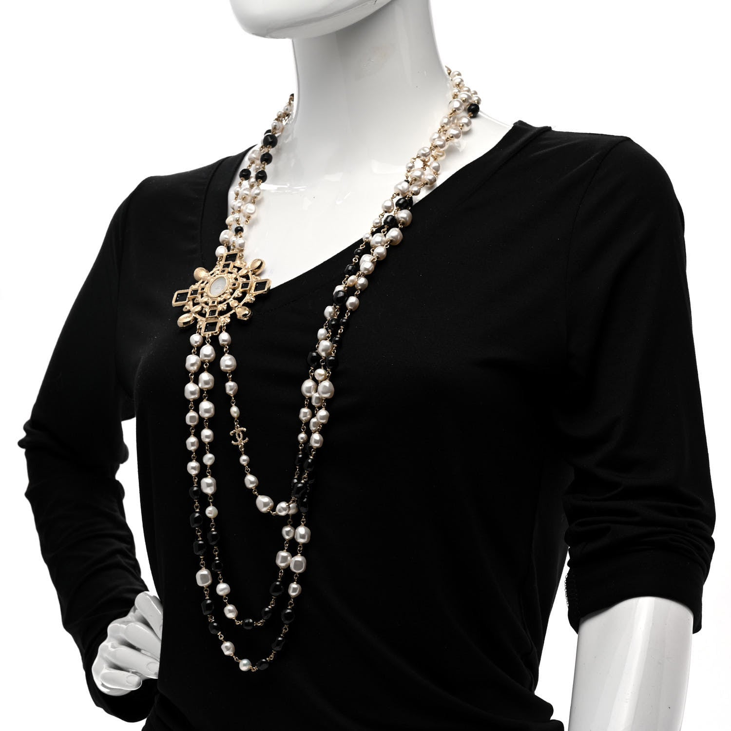 Chanel Baguette Crystal Resin Pearl CC Multi Strand Necklace Black Gold 2 of 8