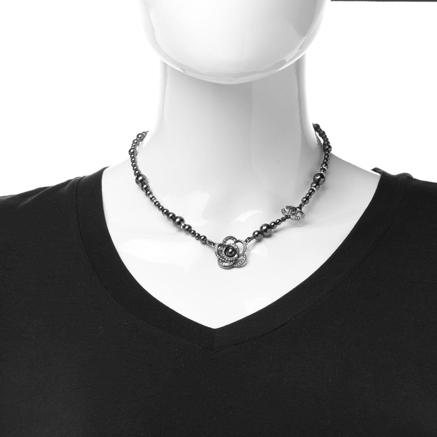 Ruthenium Beaded Crystal Camellia CC Necklace