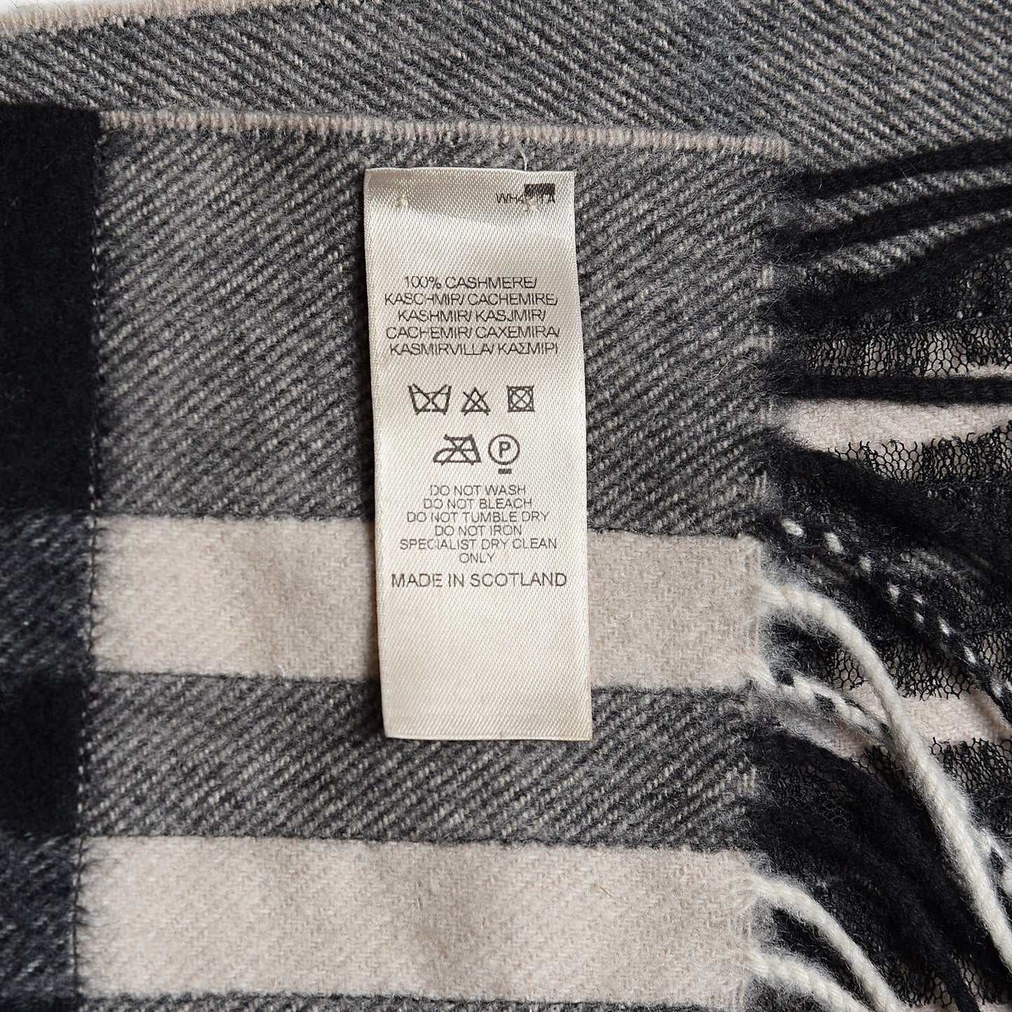 Cashmere Giant Check Fringe Scarf Grey Beige