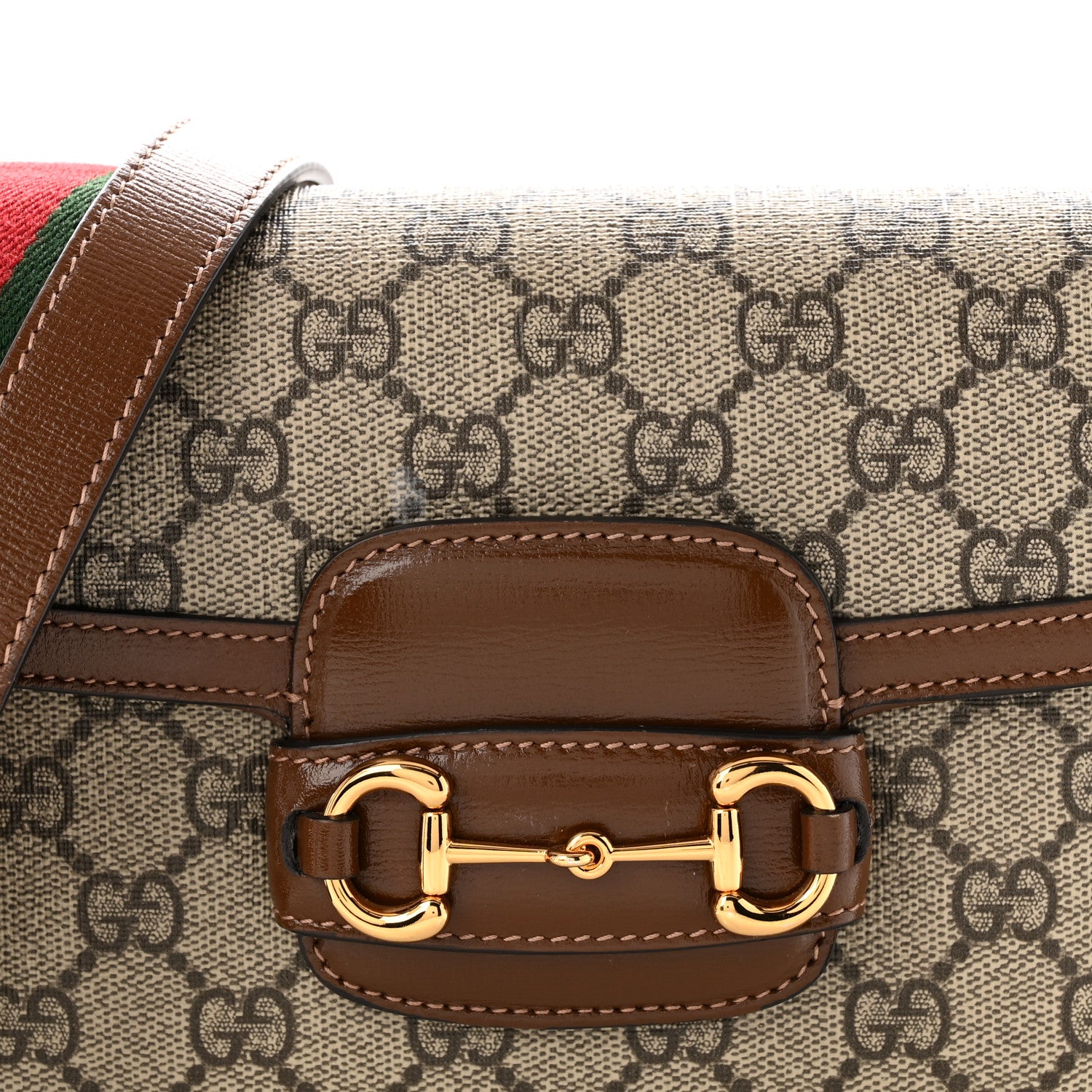 Gucci GG Supreme Monogram Azalea Calfskin Web Mini Horsebit 1955 Shoulder Bag Beige Ebony Brown Sugar 8 of 10