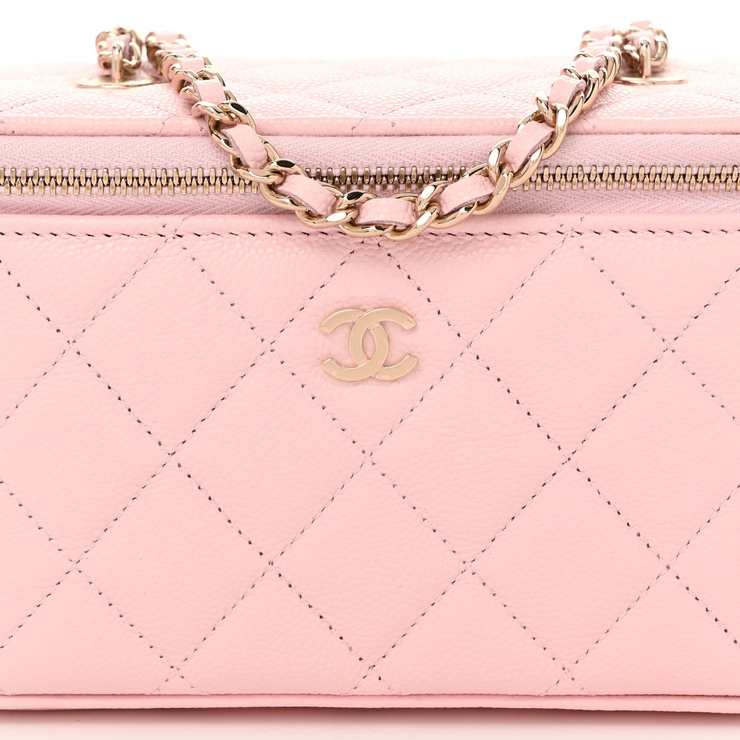 Caviar Quilted Small Vanity Case With Chain Light Pink