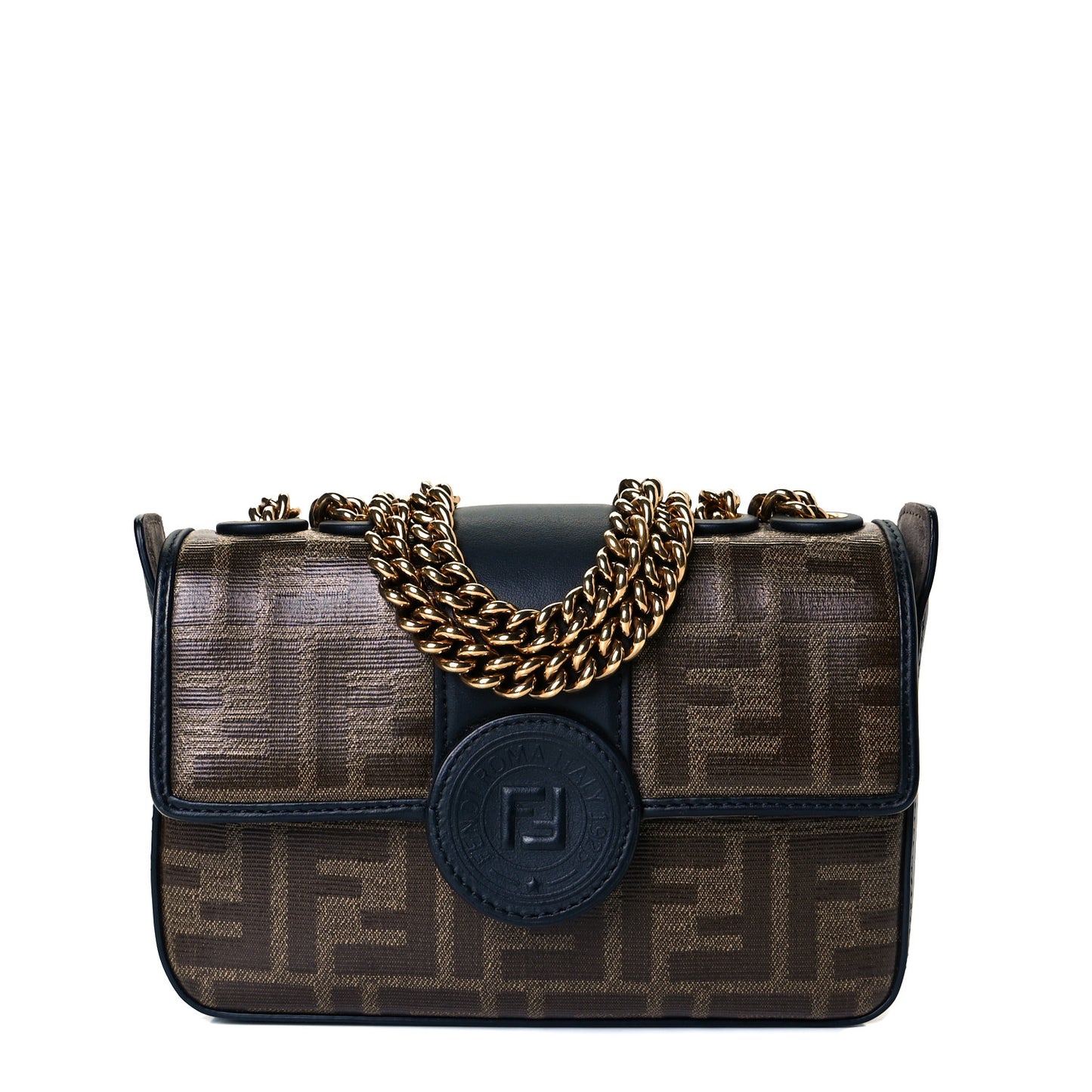 Glazed Fabric Vitello Century FF 1974 Stamp Patch Mini Double F Crossbody Bag Mogano Panna Black