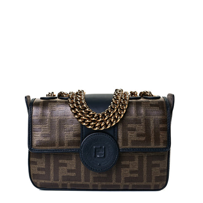 Fendi Glazed Fabric Vitello Century FF 1974 Stamp Patch Mini Double F Crossbody Bag Mogano Panna Black 1 of 6