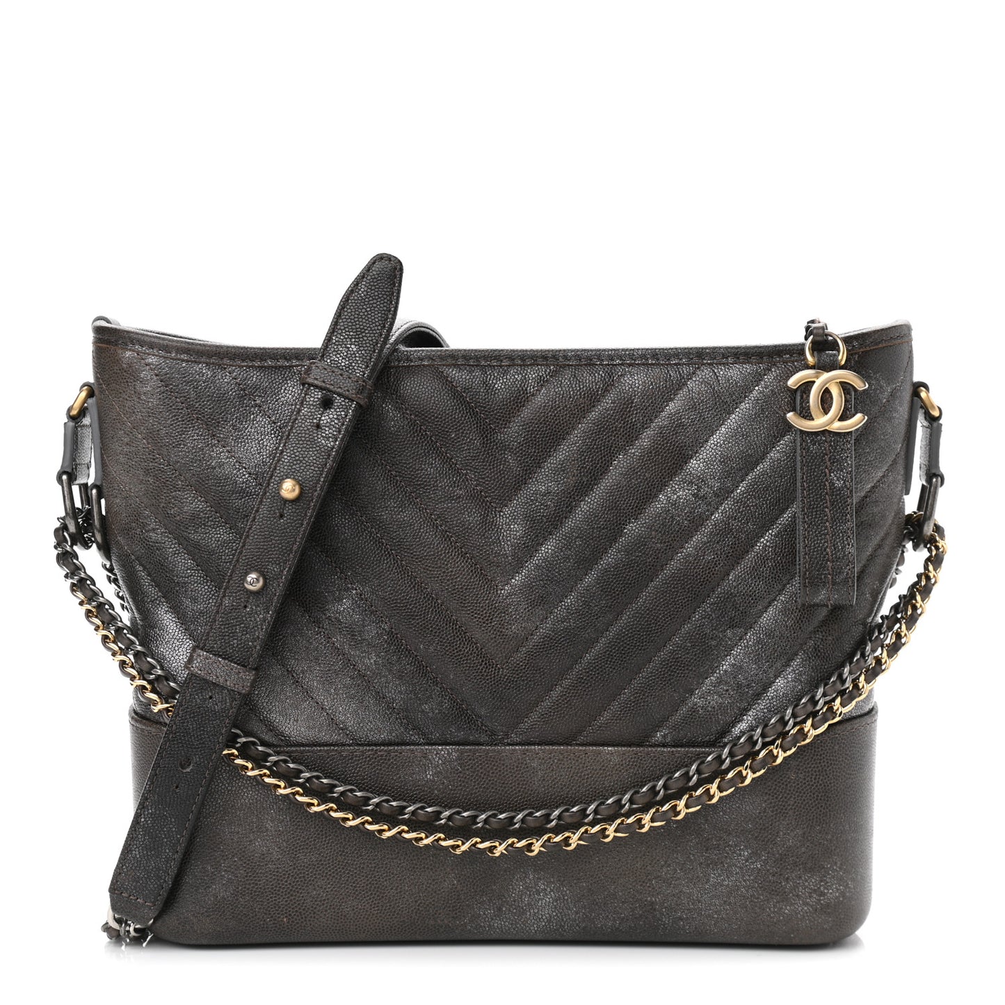 Metallic Caviar Chevron Quilted Medium Gabrielle Hobo Dark Silver Gold