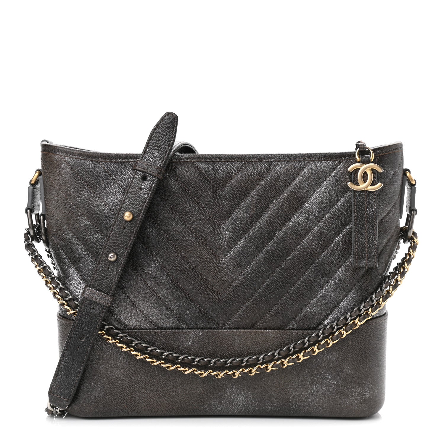 Chanel Metallic Caviar Chevron Quilted Medium Gabrielle Hobo Dark Silver Gold 1 of 10