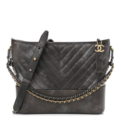 Chanel Metallic Caviar Chevron Quilted Medium Gabrielle Hobo Dark Silver Gold 1 of 10