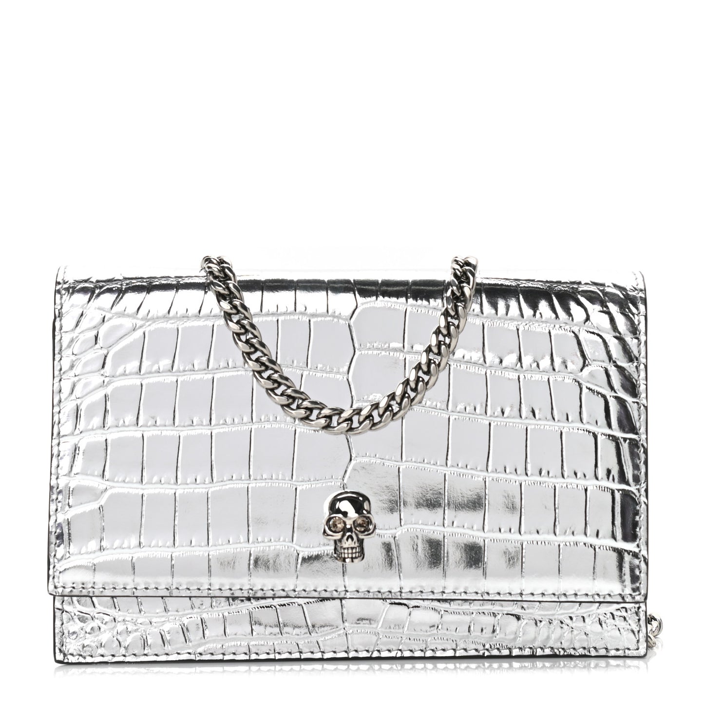 Metallic Calfskin Crocodile Embossed Skull Mini Shoulder Bag Silver