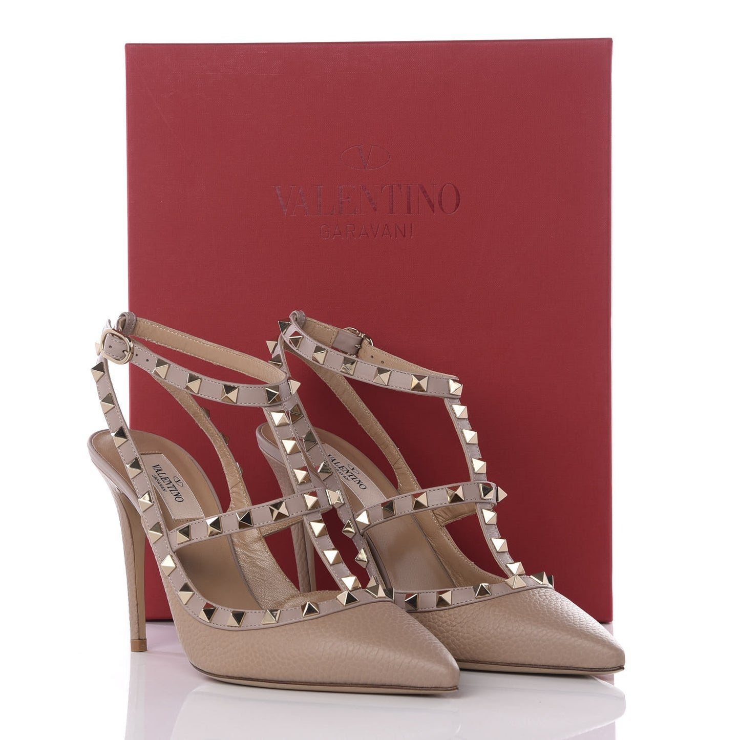Pebbled Calfskin Rockstud Ankle Strap 100mm Pumps 38.5 Poudre