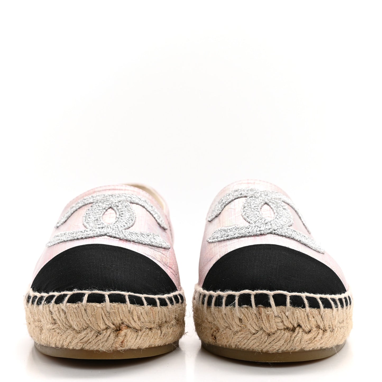 Laminated Lambskin Grosgrain Embroidered CC Espadrilles 37 Pink Silver Black