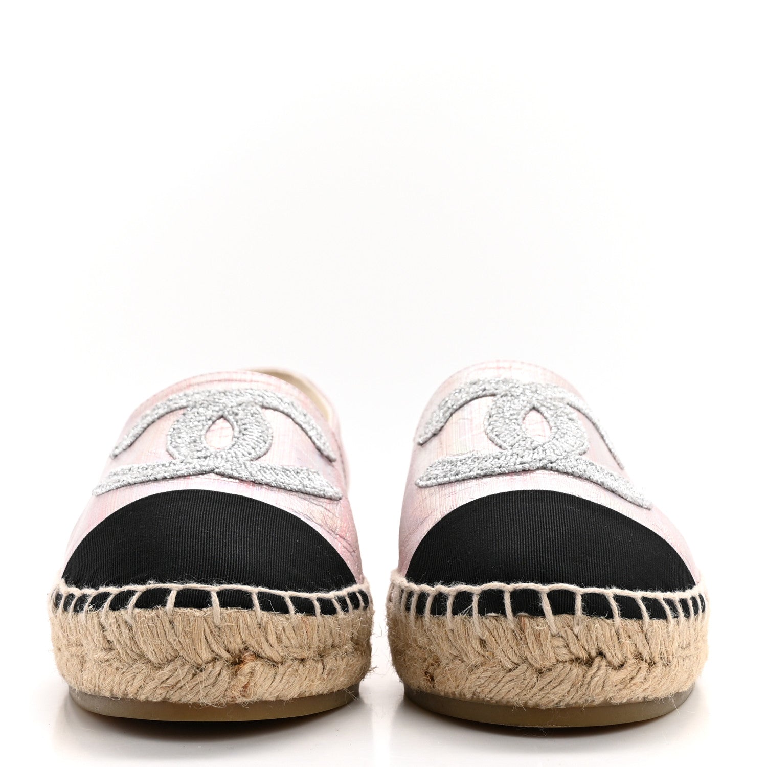 Chanel Laminated Lambskin Grosgrain Embroidered CC Espadrilles 37 Pink Silver Black 2 of 10