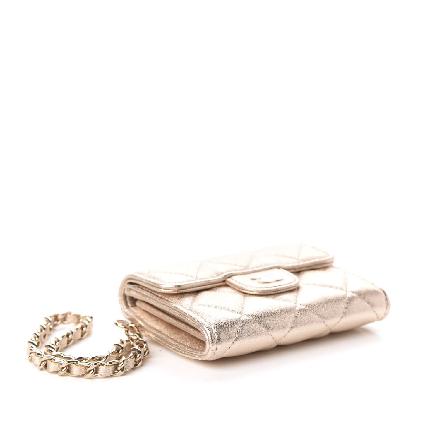 Metallic Lambskin Quilted Flap Card Holder Chain Wristlet Gold