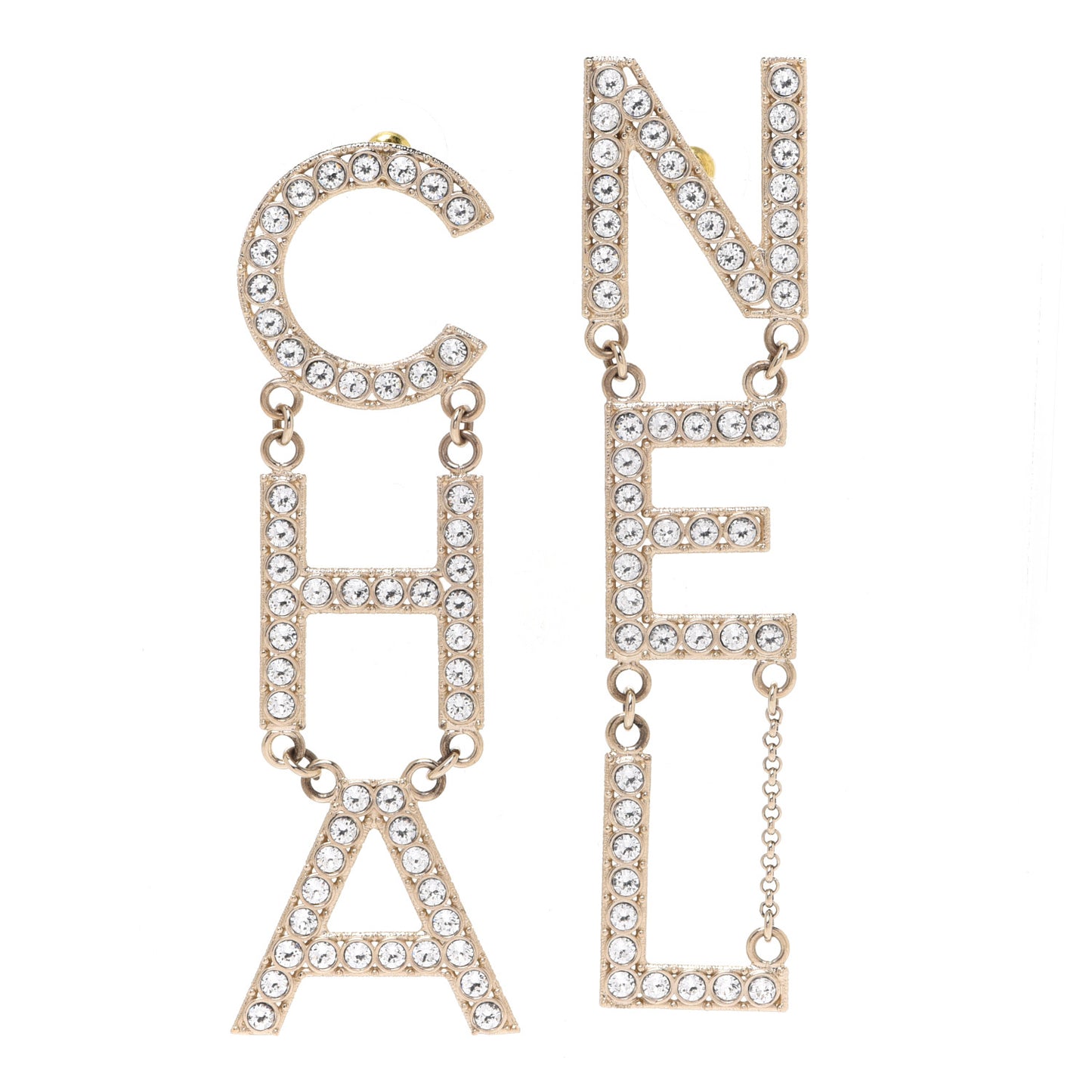 Crystal Cha-Nel Logo Drop Earrings Gold