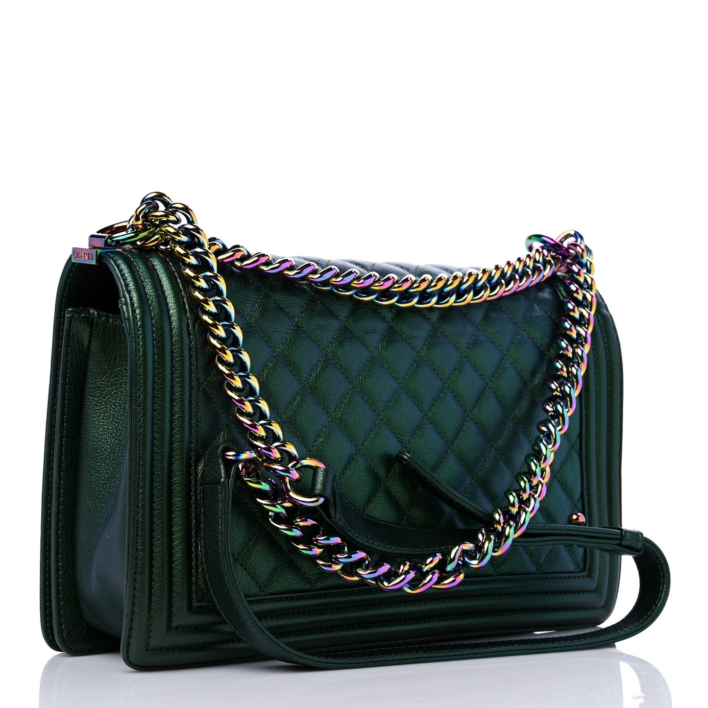 Iridescent Goatskin Quilted New Medium Boy Flap Green