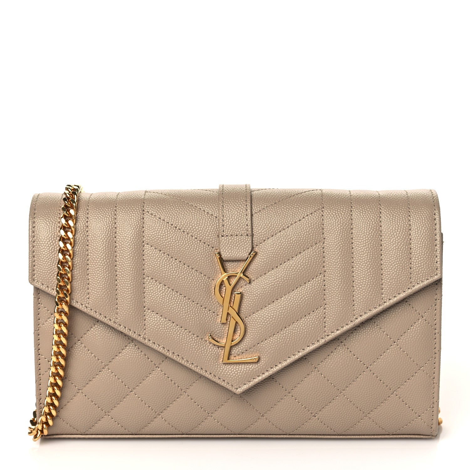 Saint Laurent Grain De Poudre Mixed Matelasse Triquilt Monogram Chain Wallet Dark Beige 1 of 10