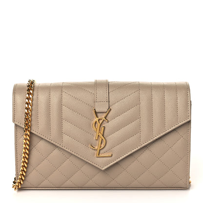 Saint Laurent Grain De Poudre Mixed Matelasse Triquilt Monogram Chain Wallet Dark Beige 1 of 10