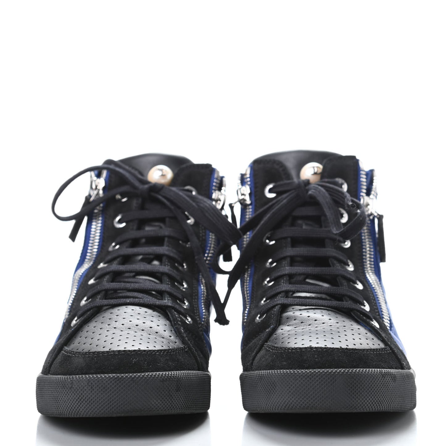 Calfskin Pearl High Top CC Sneakers 38 Black Blue