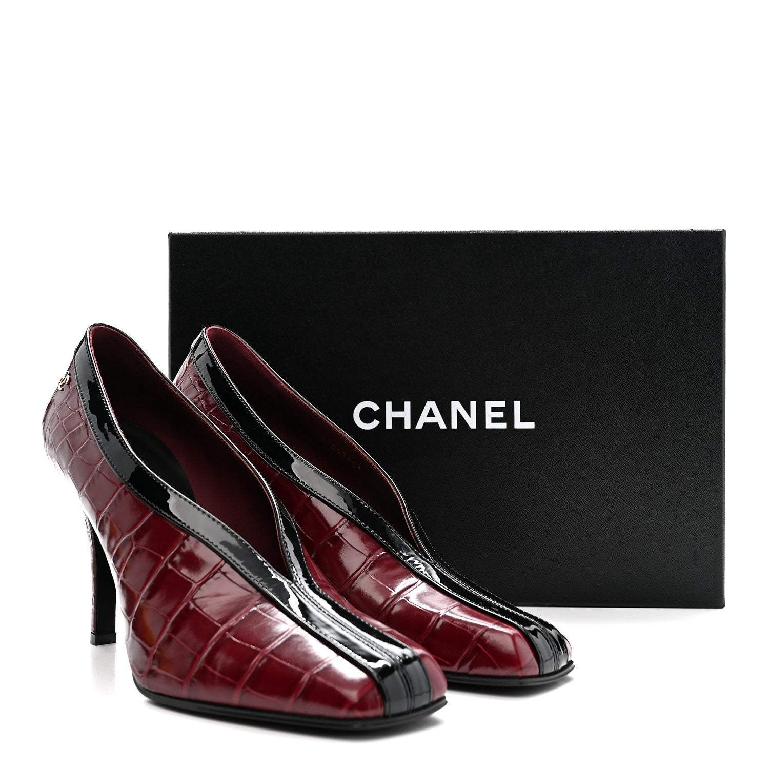 Chanel Crocodile Embossed Patent Calfskin Pumps 38.5 Burgundy Black 10 of 10