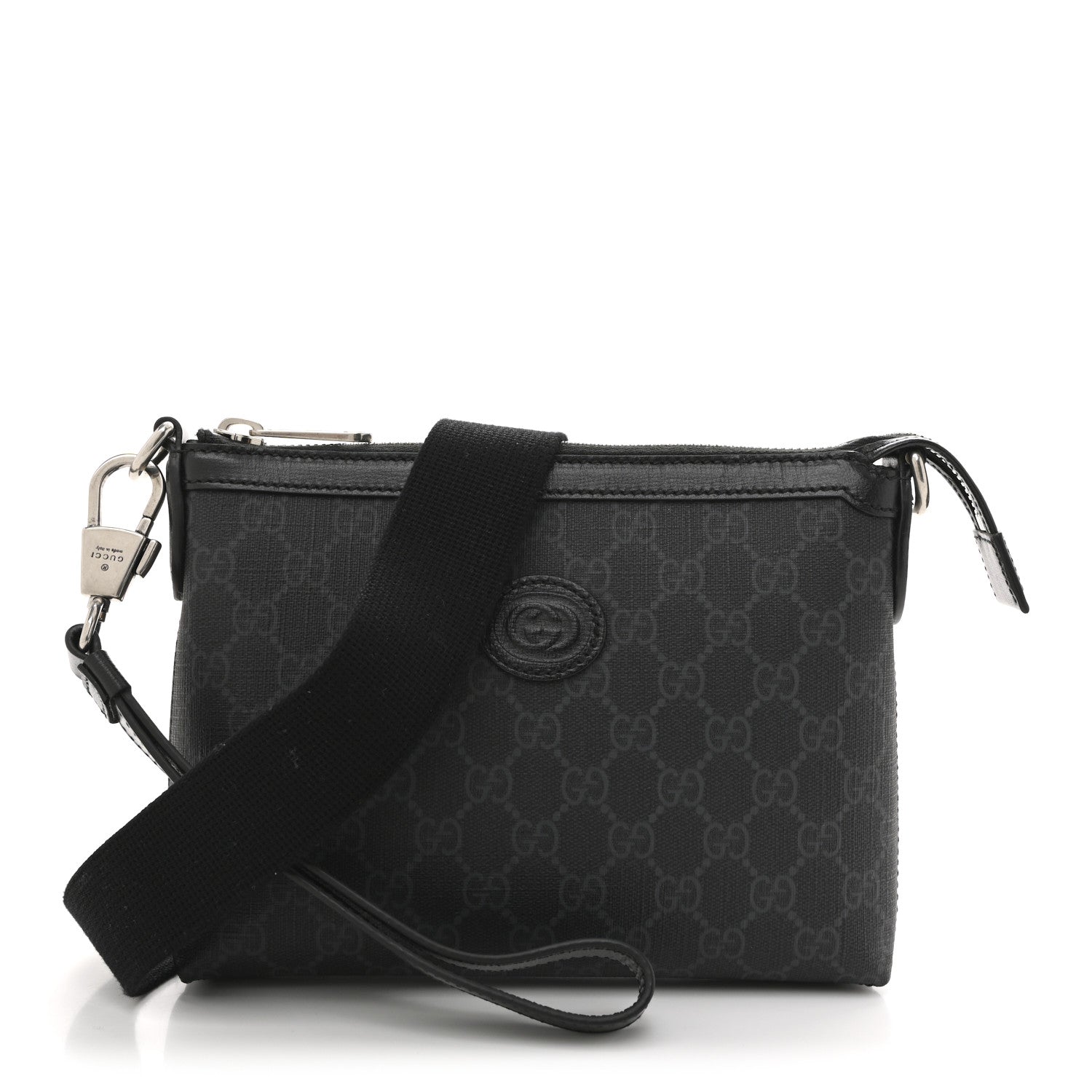 Gucci GG Supreme Monogram Azalea Calfskin Retro Interlocking G Wristlet Messenger Bag Black 1 of 11
