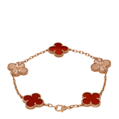 Van Cleef & Arpels 18K Rose Gold Carnelian 5 Motifs Guilloche Vintage Alhambra Bracelet 2 of 5