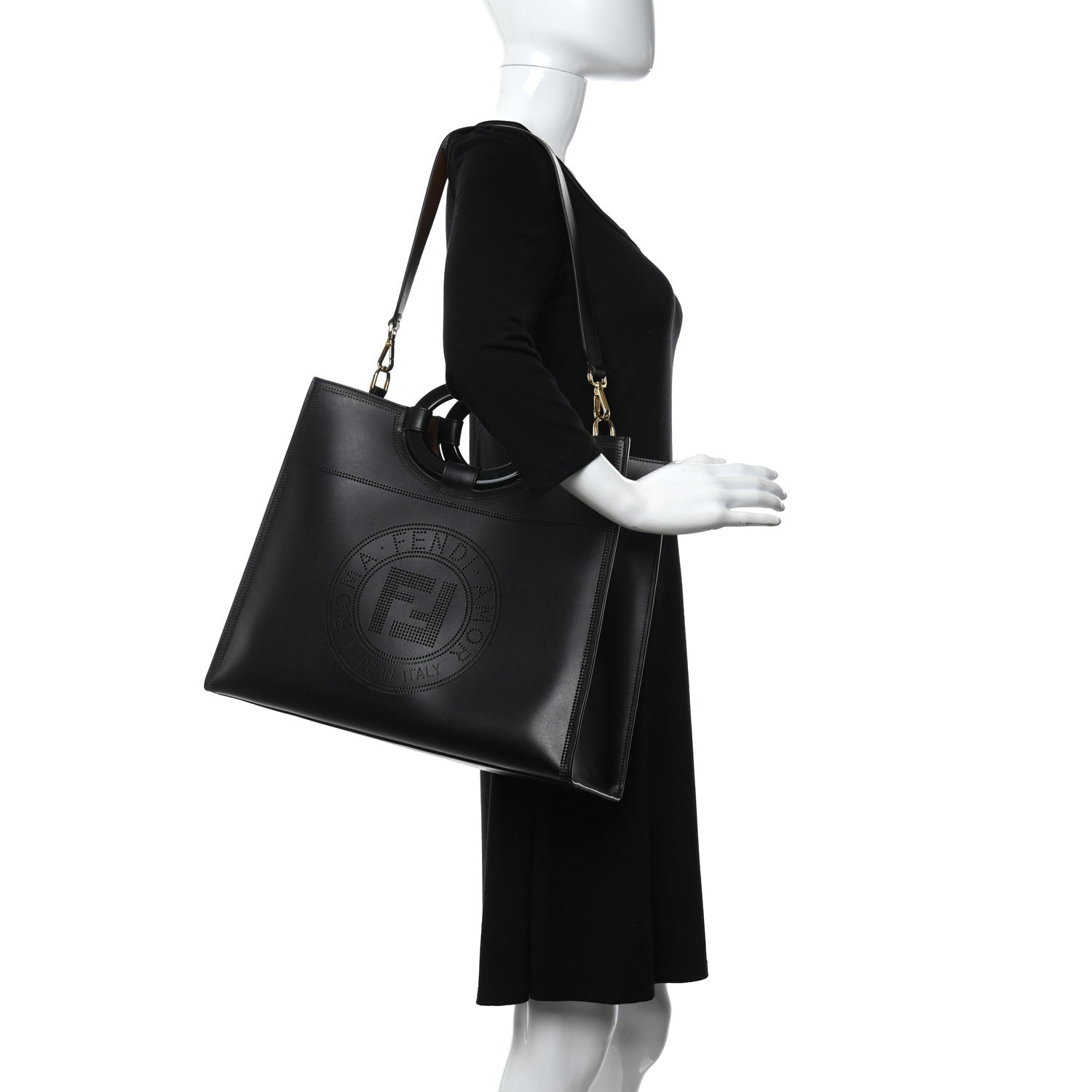 Fendi Vitello Liberty Plexiglass Stamp Patch Perforated Medium Runaway Shopper Tote Black 2 of 9