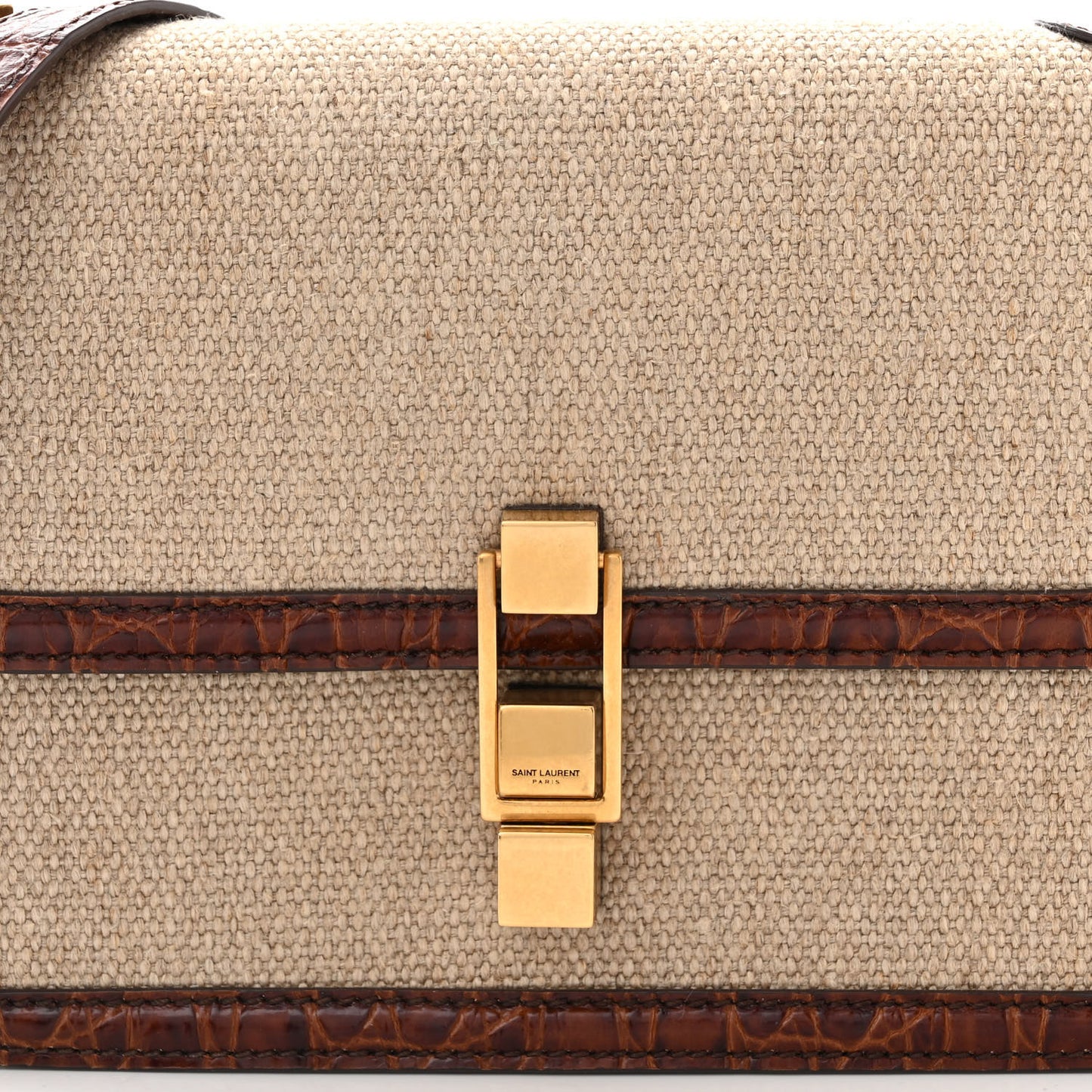 Linen Canvas Crocodile Embossed Carre Satchel Natural Brown