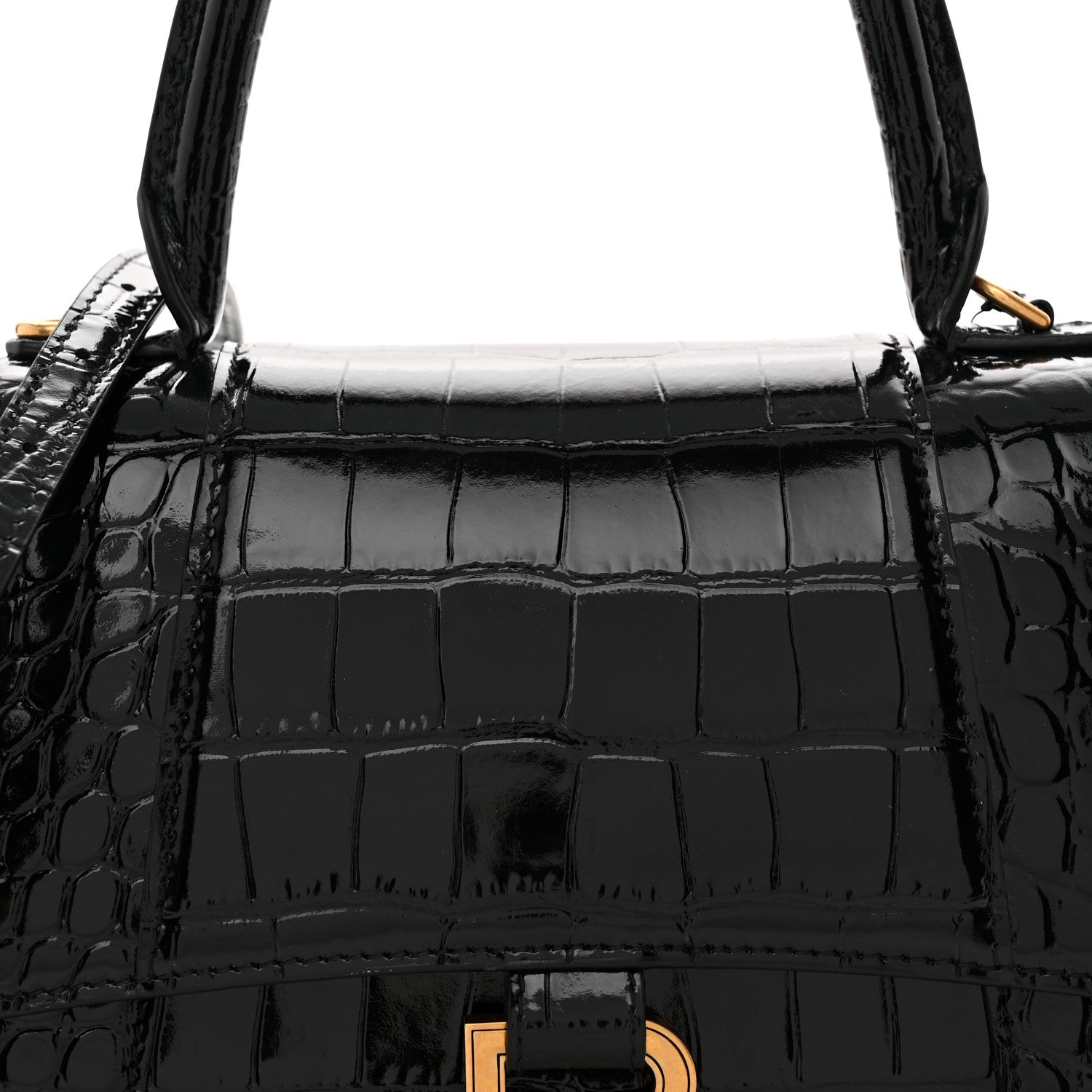 Balenciaga Shiny Calfskin Crocodile Embossed Small Hourglass Top Handle Bag  Black 7 of 12