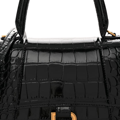Balenciaga Shiny Calfskin Crocodile Embossed Small Hourglass Top Handle Bag  Black 7 of 12
