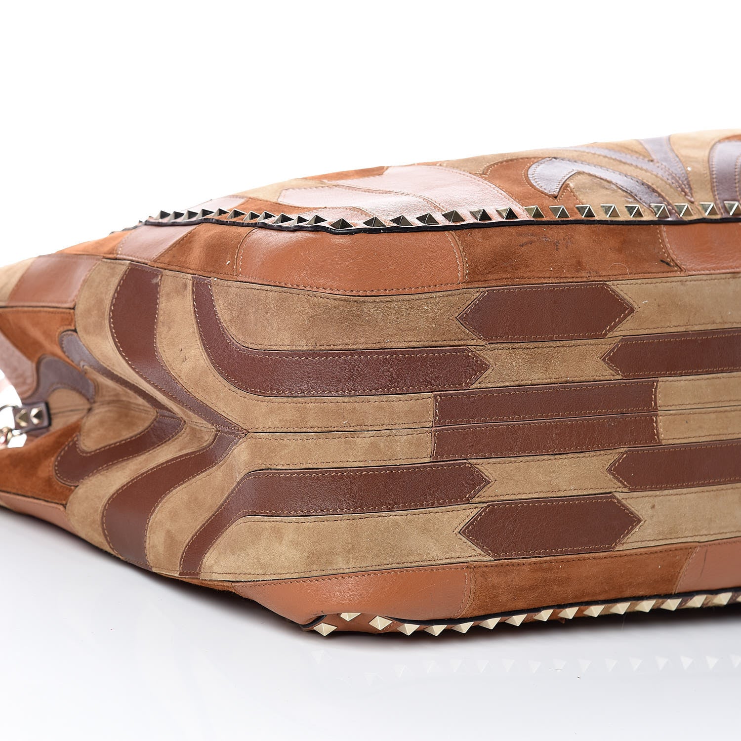 Valentino Garavani Calfskin Canvas Patchwork Medium Rockstud Reversible Tote Brown 5 of 16