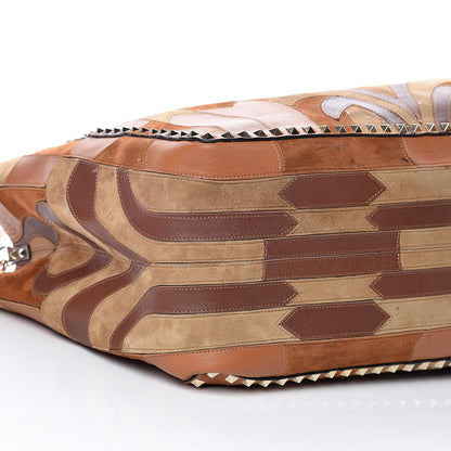 Valentino Garavani Calfskin Canvas Patchwork Medium Rockstud Reversible Tote Brown 5 of 16