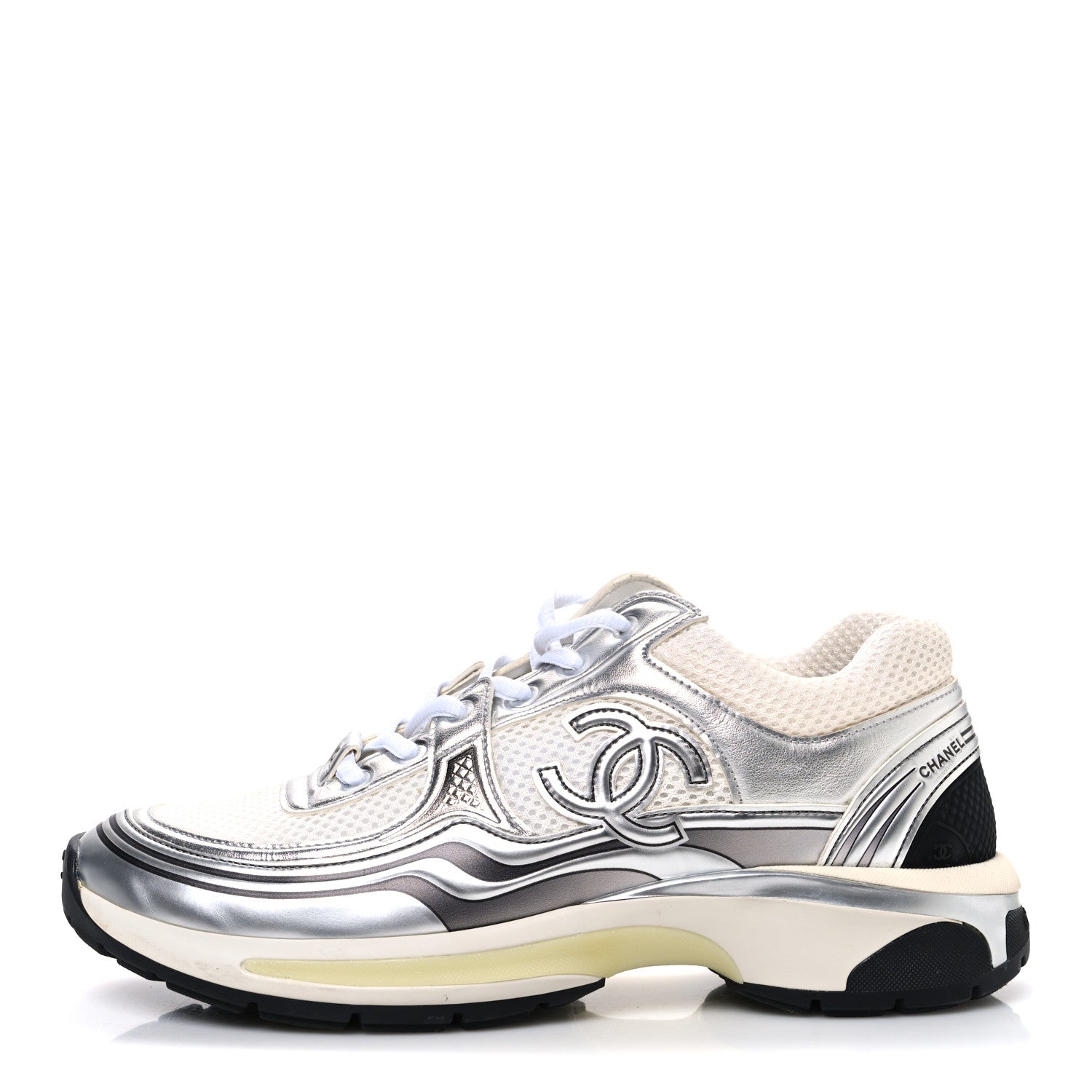 Chanel Fabric Laminated Calfskin Stretch CC Womens Sneakers 40 White Silver 1 of 11