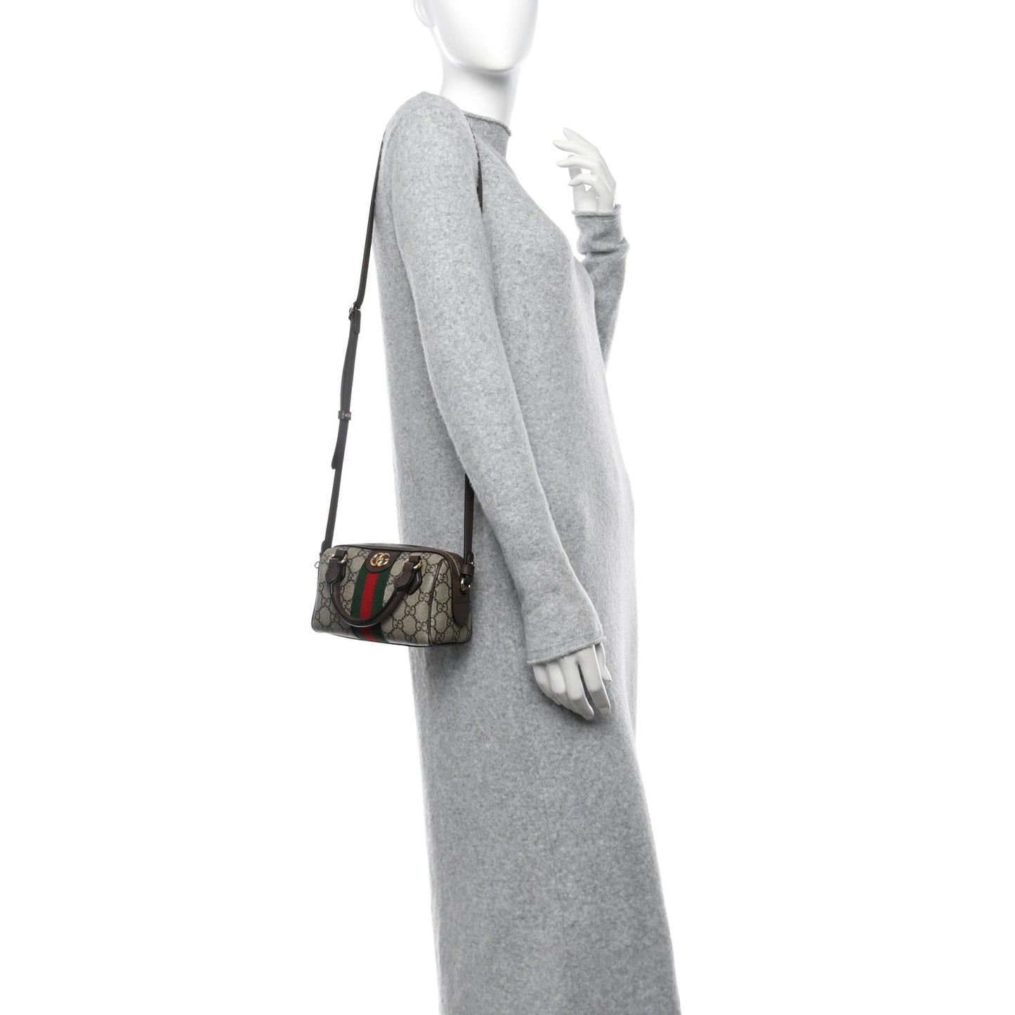 GG Supreme Monogram Textured Dollar Calfskin Web Super Mini Ophidia Top Handle Bowler Bag Beige Ebony New Acero