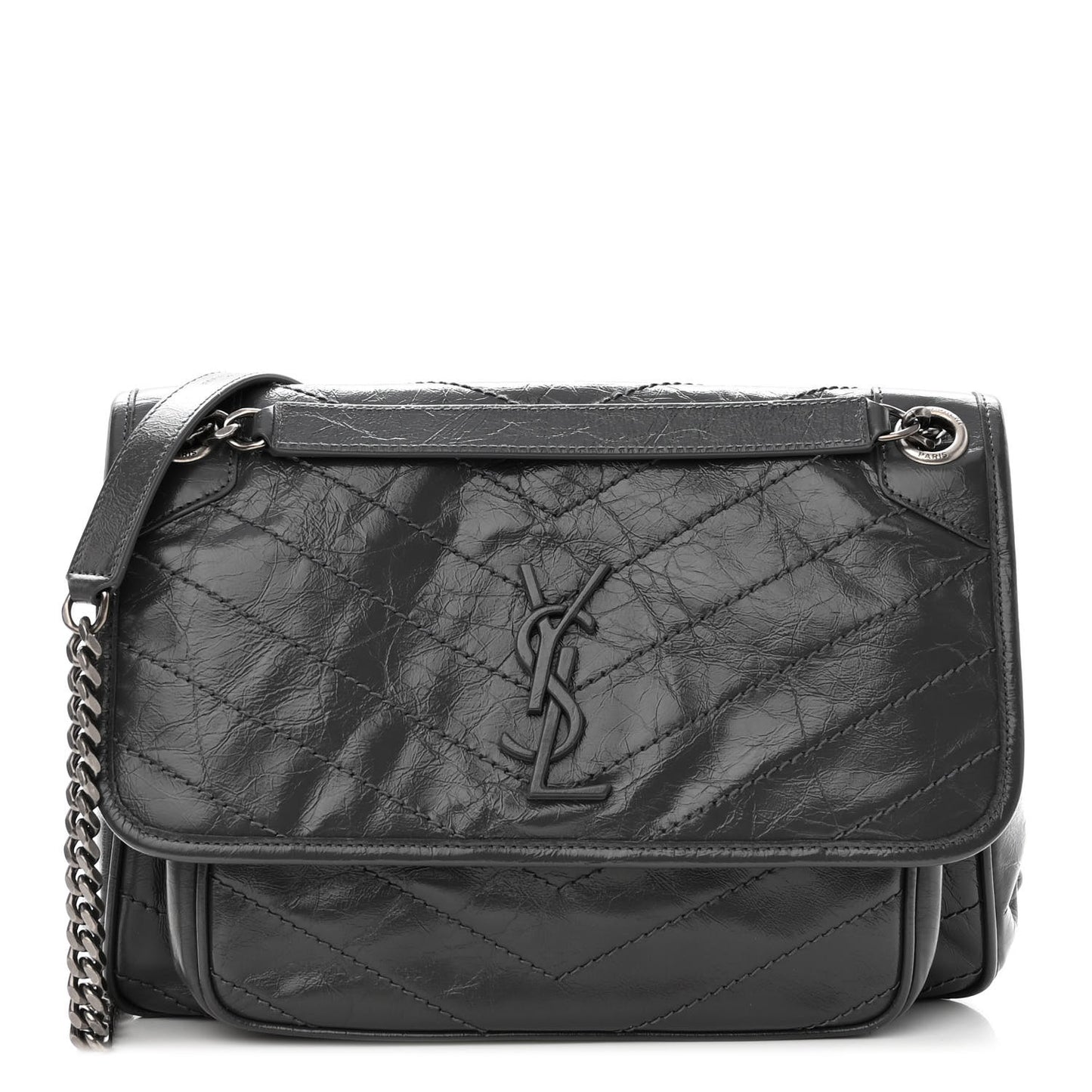 Crinkled Calfskin Matelasse Monogram Medium Niki Chain Satchel Storm