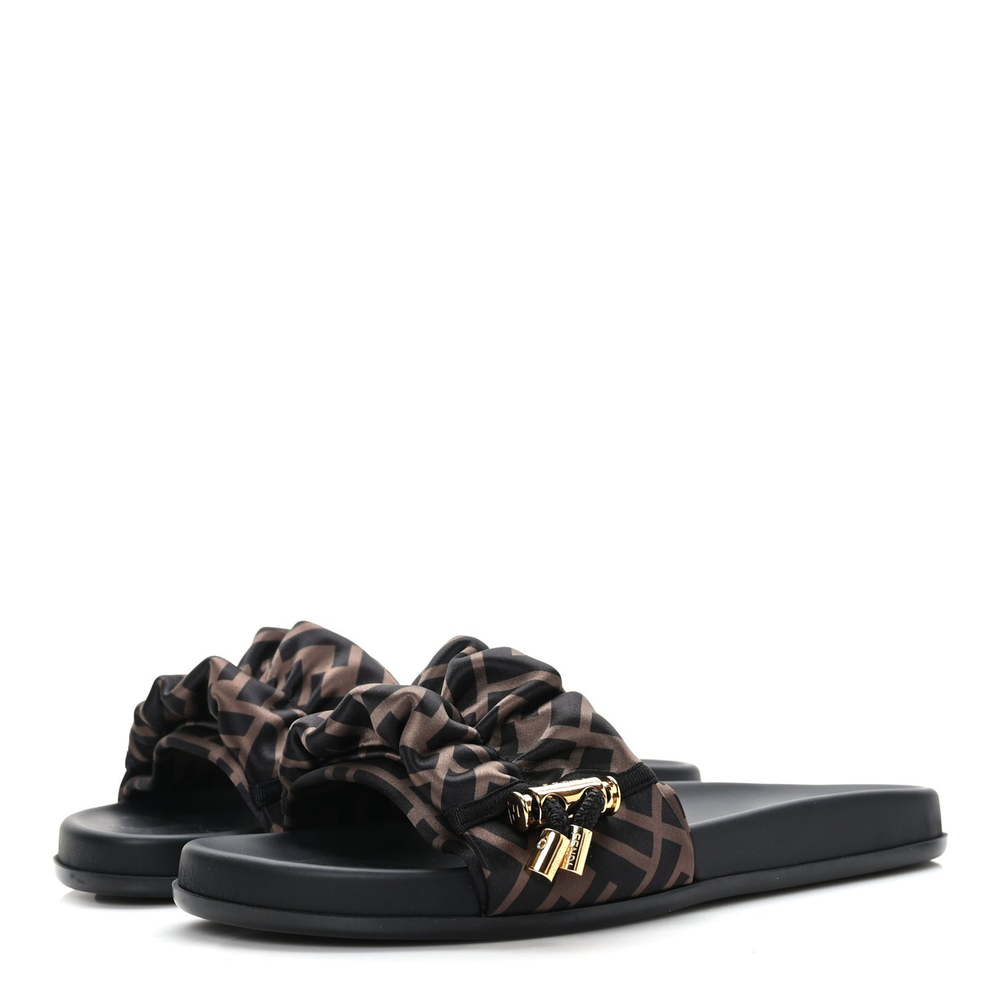 Satin FF Fendi Feel Slide Sandals 37 Tobacco Black